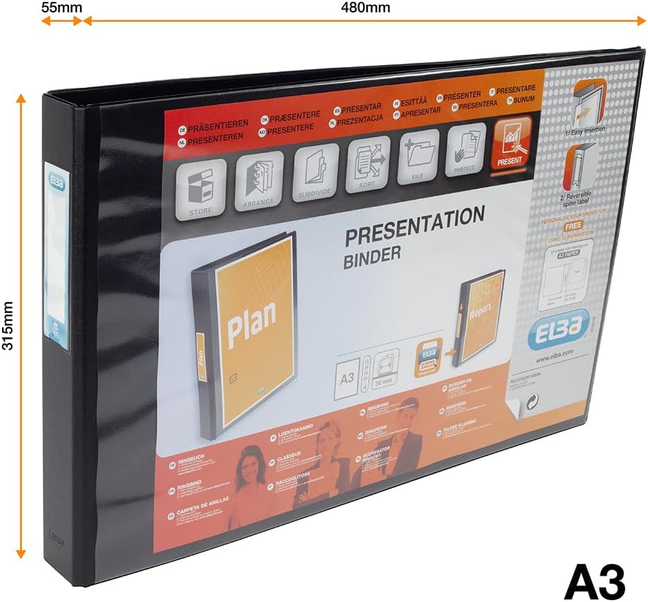 Elba Vision 30mm A3 Landscape 4-Ring Binder - Black