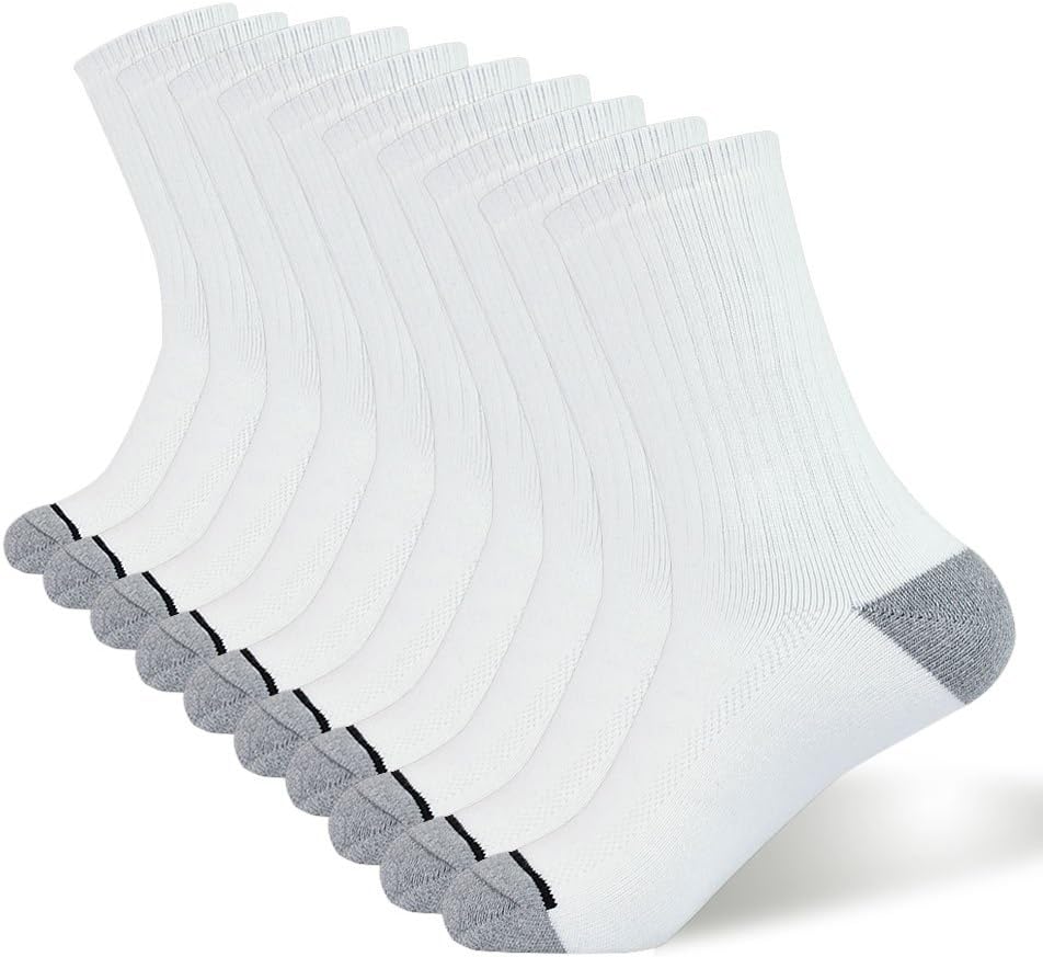 Yock 10 Pack Men's Cotton White Black Reinforced Crew Calf Running Casual Sport Socks