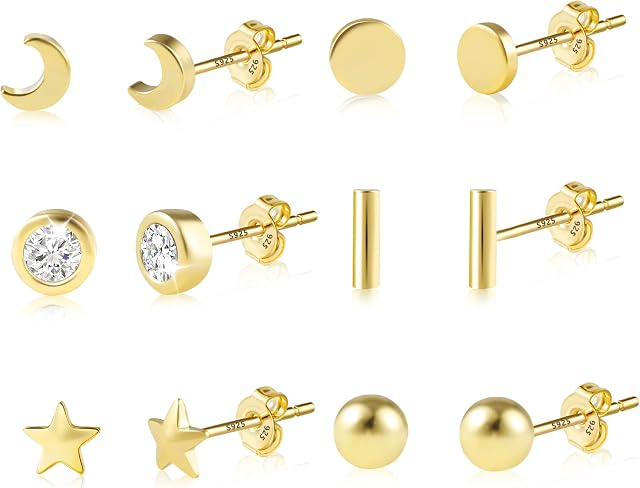 Gold Stud Earrings, Multipack Small Studs Earrings Set for Women, Mini Studs with Cubic Zirconia, Sterling Silver 925 Gold Hypoallergenic Cartilage Studs Earrings for Women Girls Kids (6/ 4 Pairs)