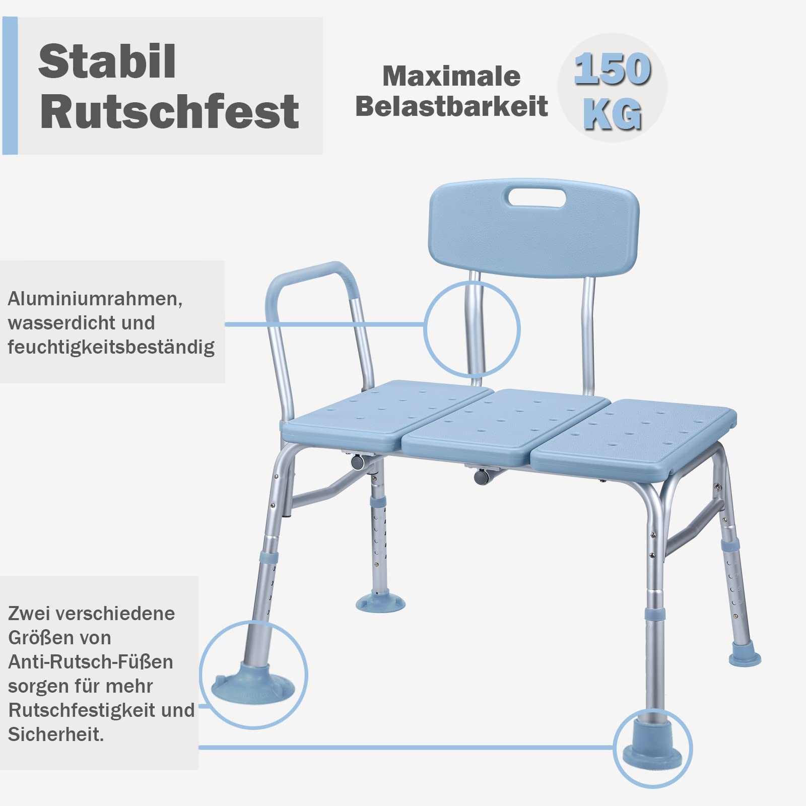 UISEBRT - Sedile per vasca da bagno, regolabile in altezza, per anziani, con schienale e braccioli, antiscivolo, sedia da doccia con aiuto per l'ingresso nella vasca, fino a 150 kg