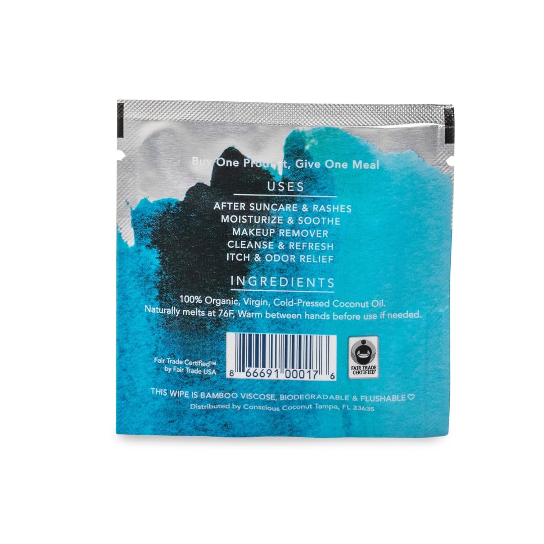 Conscious Coconut Individual Coconut Oil Wipes - For Face and Body - Soothing, Moisturizing, Sunburns, Makeup Remover, Cold-Pressed, Virgin Coconut Oil (25 Count)