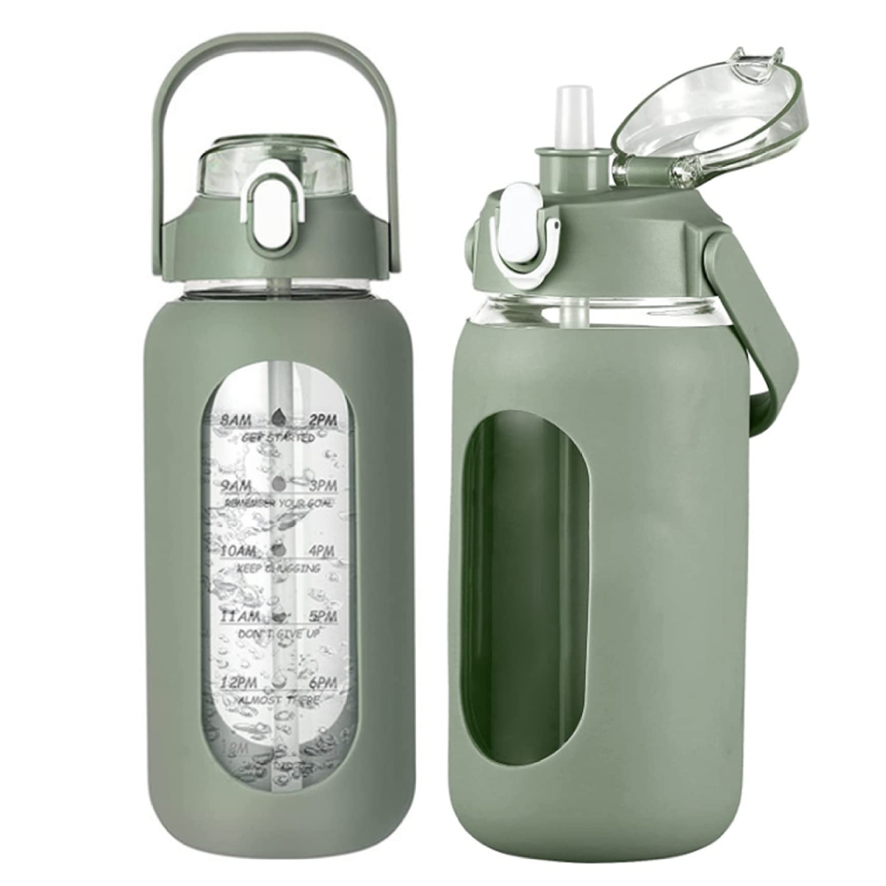 Rachlicy 64oz Water Bottles with Straw Glass Water Bottles with Time Marker and Silicone Sleeve Motivational Sports Drinking Bottle for School Office Green