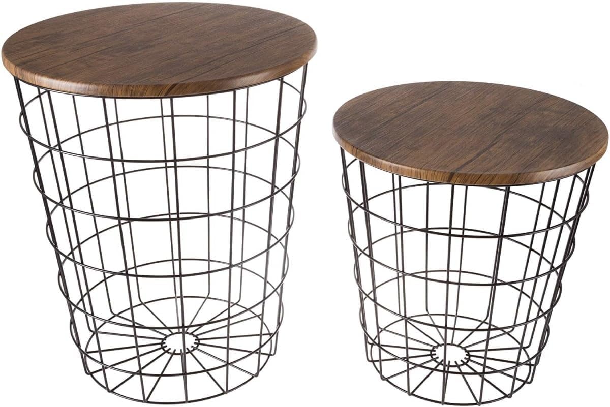 Lavish Home End Tables Set of 2 - Nesting Tables with Removable Wood Tops and Metal Basket Bases for Blanket Storage - Round Side Pieces for Living Room, Bedroom, or Home Office (Brown/Black)