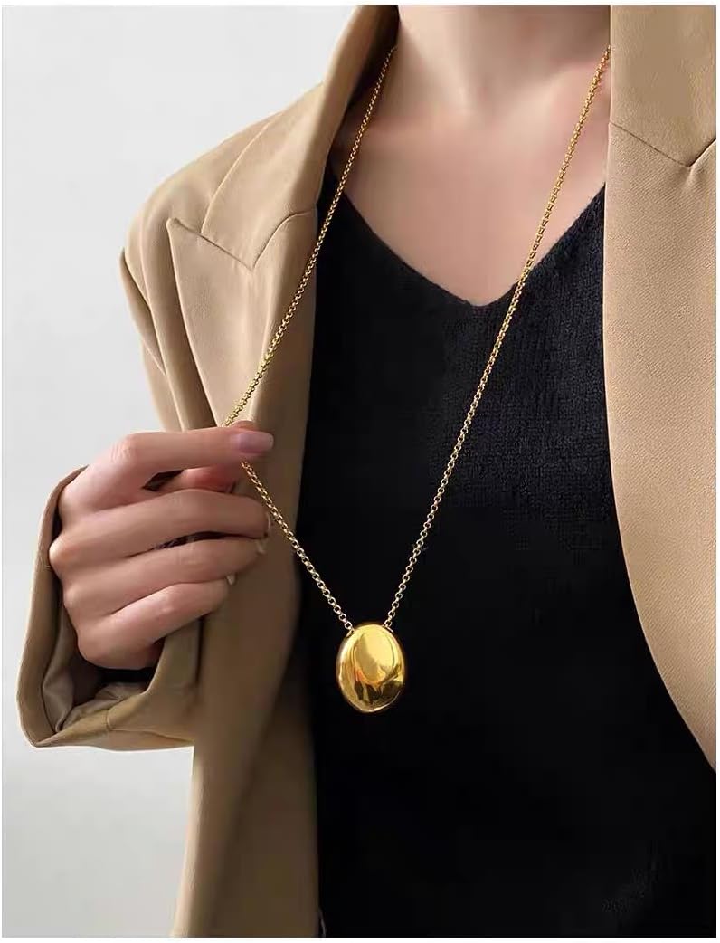 Chunky Oval Geometric Pendant Statement Necklace for Women Stainless Steel Minimalist Polished Metal 18k Gold Plated Sweater Box Chain Trendy Stylish Jewelry Gifts 29 " - Image 4