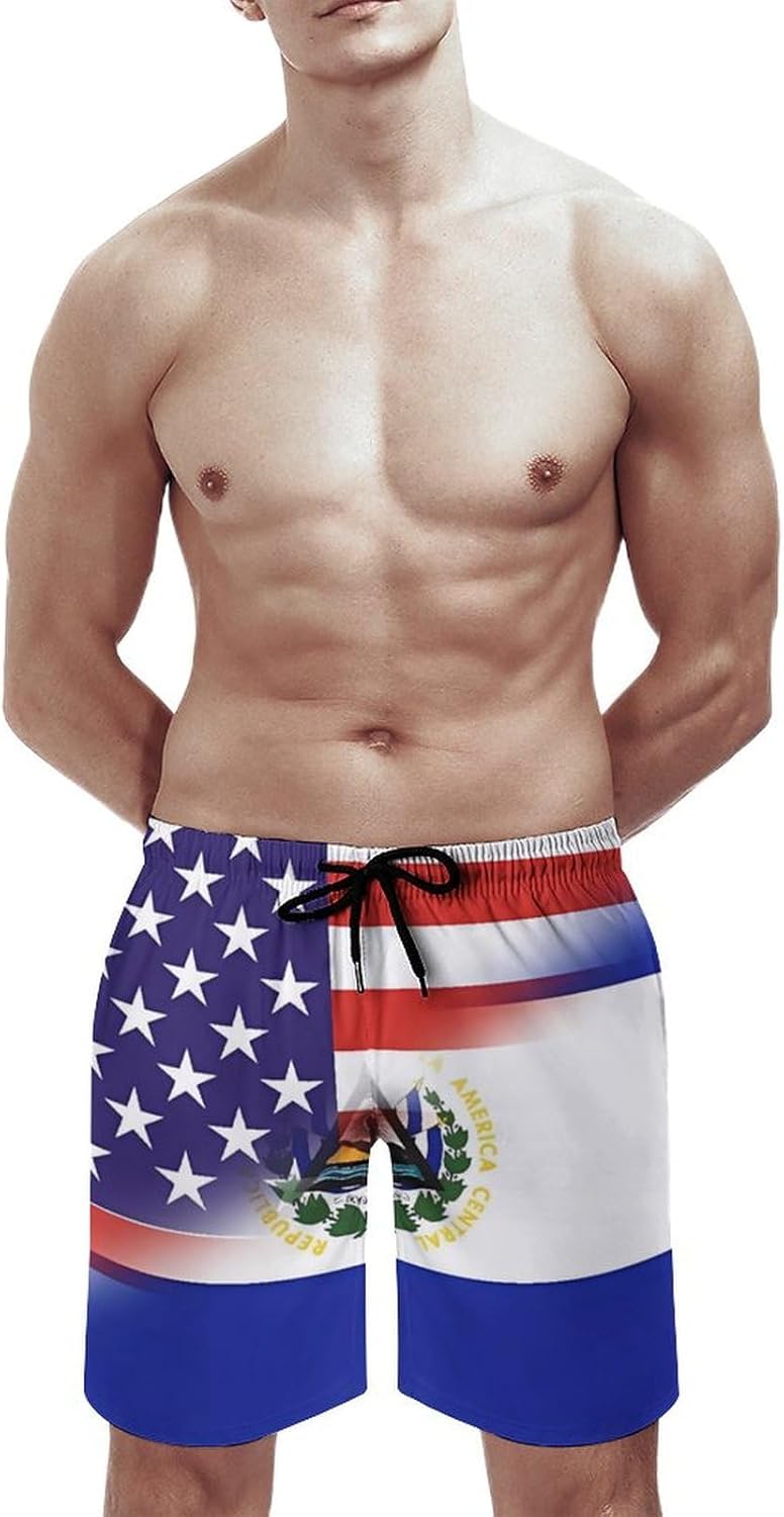 US Sal-vador Combined Flag Casual Men's Swim Trunks Novelty Summer Beach Shorts Swimwear with Pocket