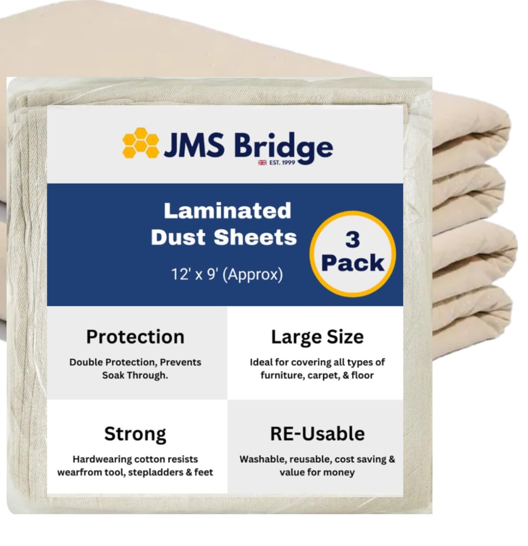 Jms Bridge Beige 3 X Cotton Dust Sheets For Decorating, Painting, Furniture | 12Ft X 9Ft | Laminated Dust Sheet With Cotton Backed With Plastic Polythene Sheeting Paint Cover Sheet | Drop Cloth | (3Xlt129)