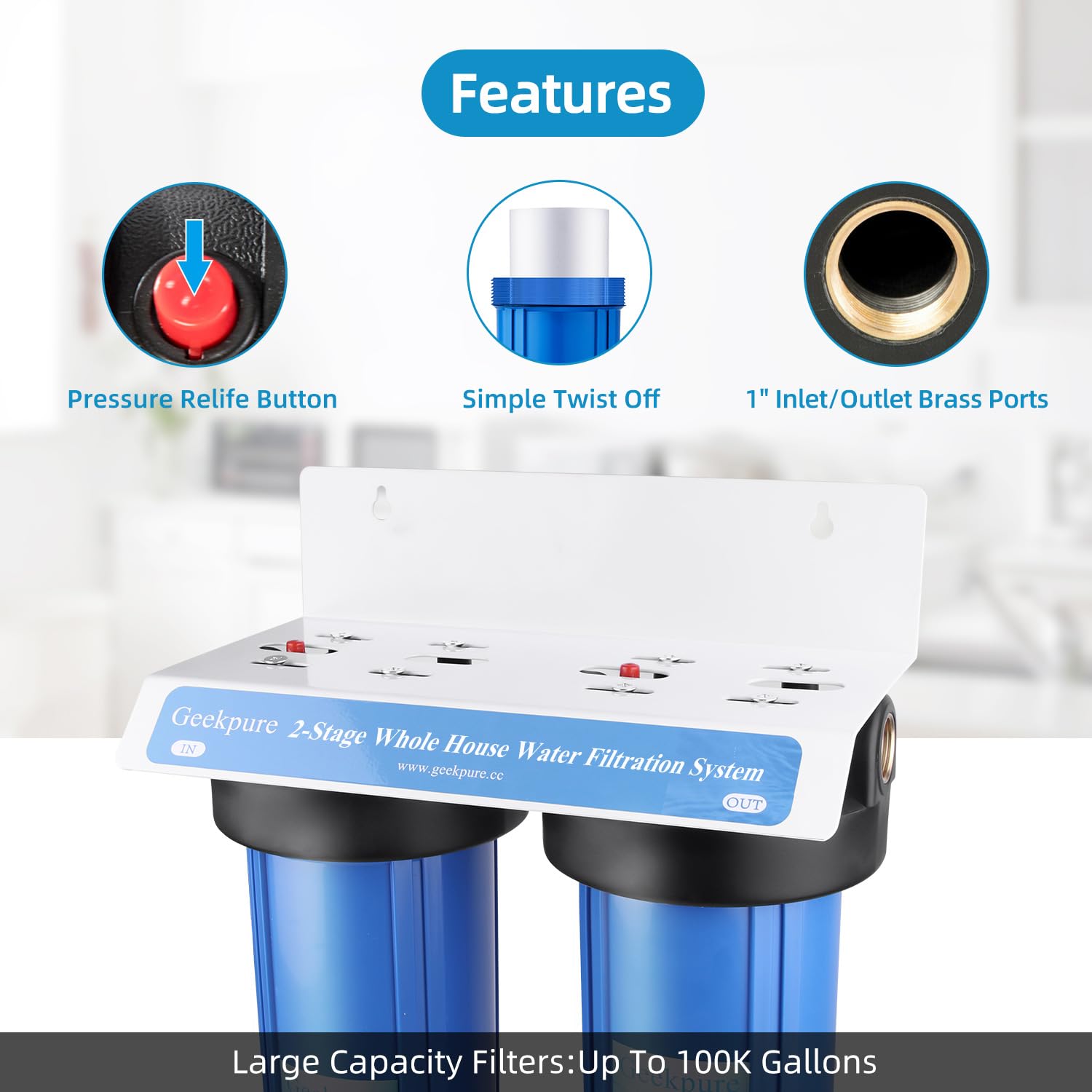 Geekpure Sistema de filtro de agua de 2 etapas para toda la casa con carcasa azul de 10 pulgadas - 4,5" x 10" PP + carbono - Puerto de 1"