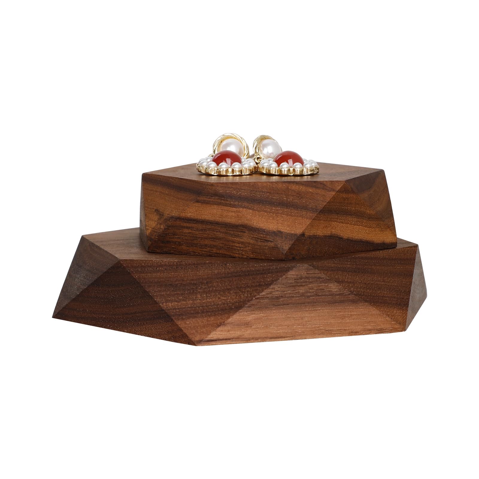 GemeShou 2pcs Wooden Jewelry display tray, Hexagon jewelry display riser, Jewelry retail shop photography props?Walnut Hexagon tray-2pcs?