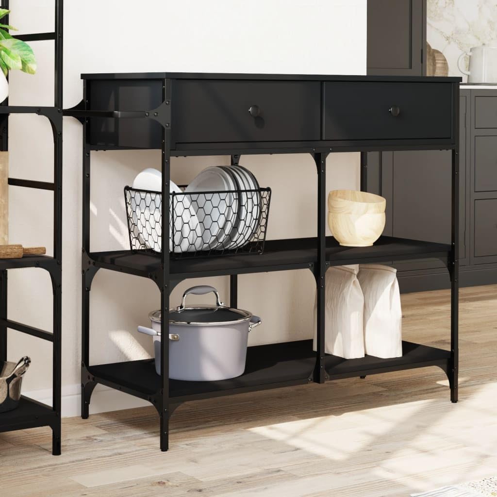 Kitchen Trolley Black Engineered Wood with Steel Frame 41.3"x16.5"x37.4" Rolling Kitchen Cart with Wheels and Towel Rack for Storage and Mobility