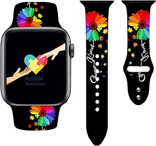 Autism Awareness Ribbon Watch Band Compatible with Apple Watch 38mm 40mm 42mm 44mm Adjustable Wristbands Soft Silicone Smartwatch Strap for IWatch Gifts Series 7 6 5 4 3 2 1 38mm/40mm