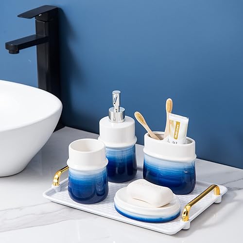Miniatura 2 de Juego de accesorios de baño azul marino, juego de accesorios de decoración de baño de cerámica azul de 4 piezas, contiene taza de cepillo de