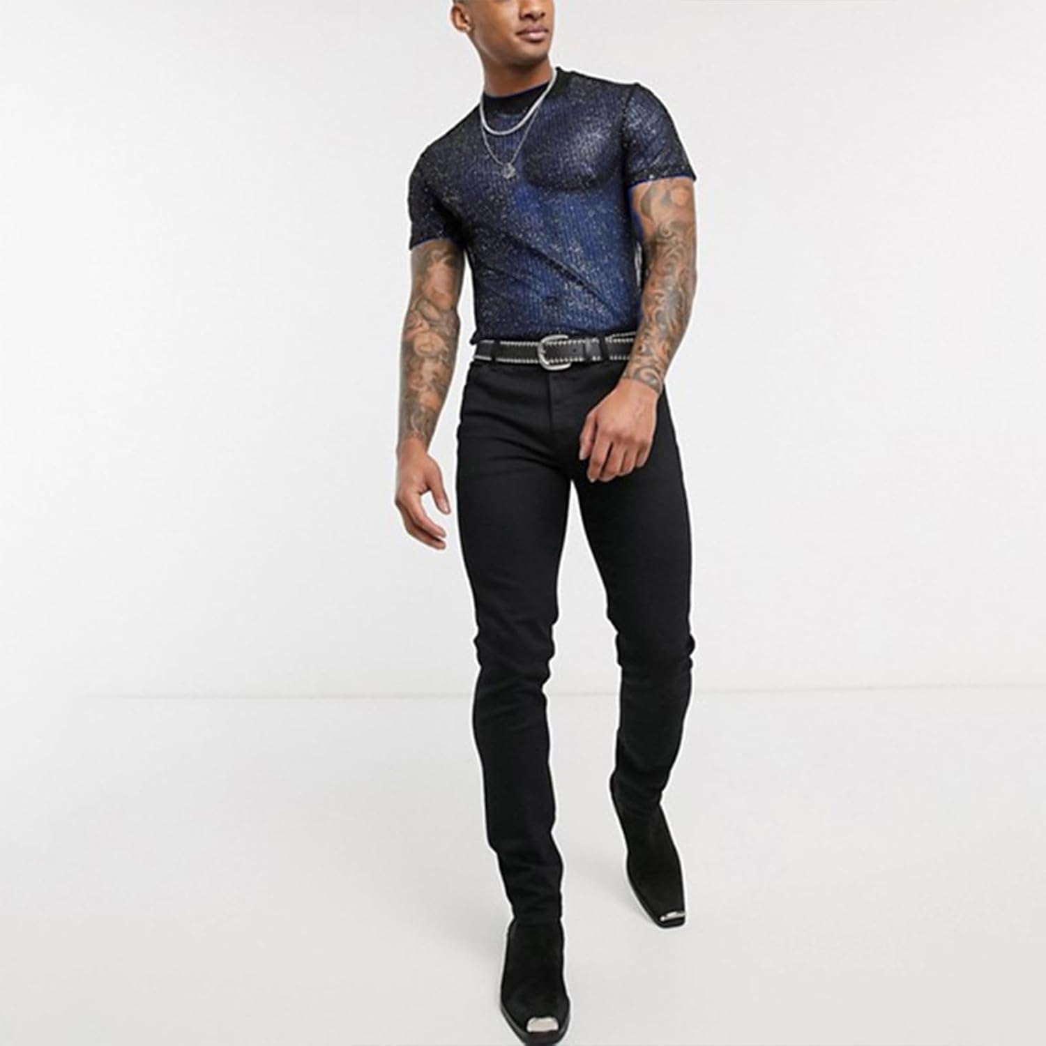 Evankin Mens Sexy Glitter Shirt Top See Through Lace Short Sleeve T-Shirt Sheer Mesh Undershirts to Show Muscle - Image 2
