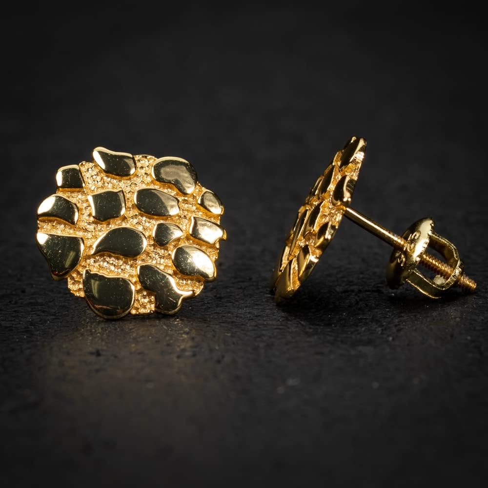 Men's Large Circle Shape 14K Yellow Gold Plated Solid 925 Sterling Silver Screw Back Post Round 90's Old School Retro Big Nugget Hip Hop Stud Earrings For Men - Image 6