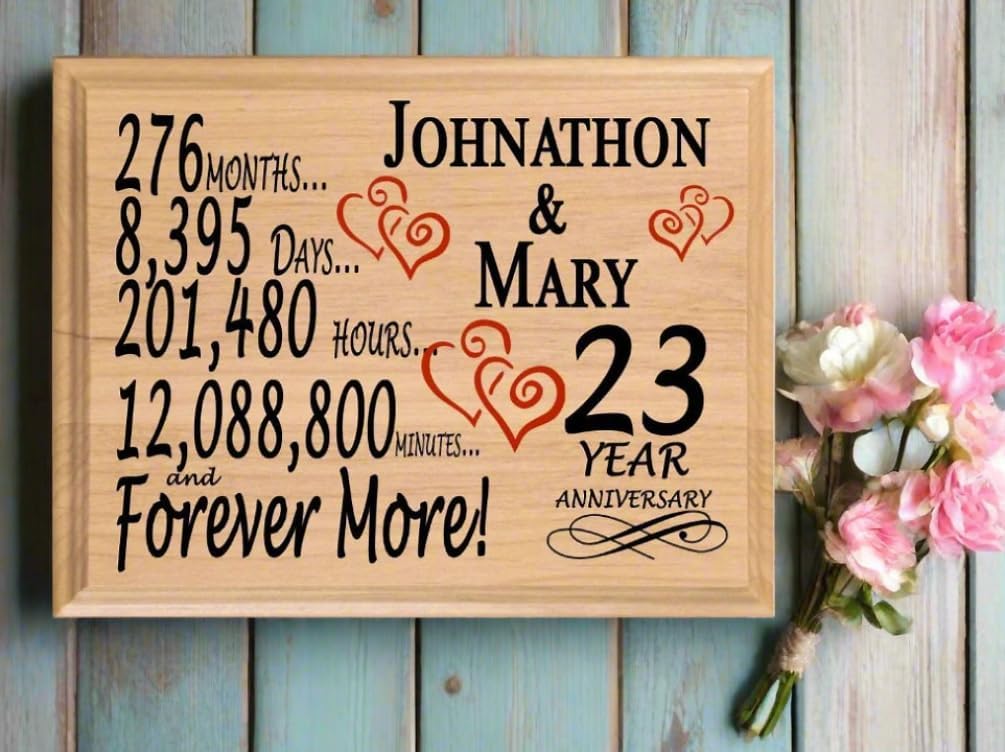 23rd Anniversary Sign Gift Personalized 23 Year Wedding Anniversary Present for Wife Husband Couple - Solid Wood - Made in the USA