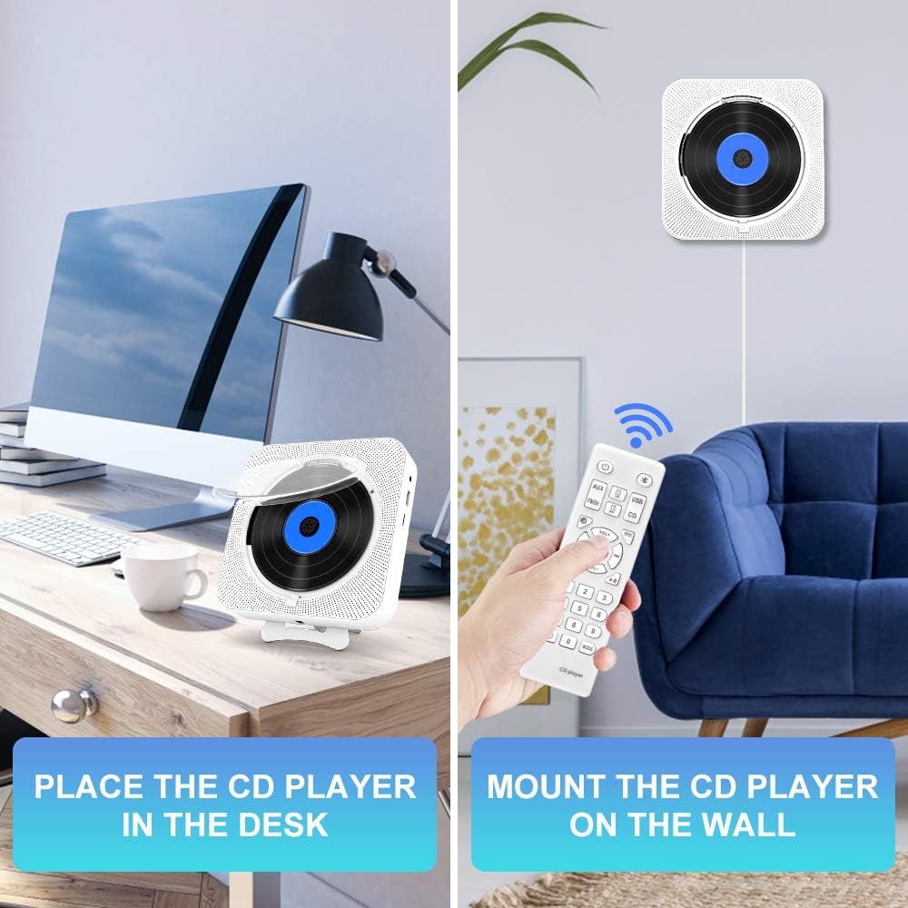 Portable CD Player with Bluetooth,Remote Control Wall Mountable CD Music Player with Built-in HiFi Speakers, with Dust Cover/LED Screen,Bluetooth Speakers & FM Radio Support CD, USB, TF, AUX Input