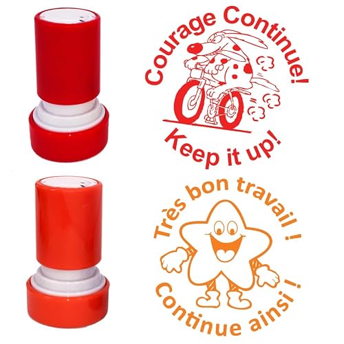 Classroom Capers Red, Orange French Teacher Stamps: Très Bon Travail ! / Continue Ainsi ! & Courage Continue ! / Keep It Up! 22Mm, Self-Inking, Reinkable Stampers