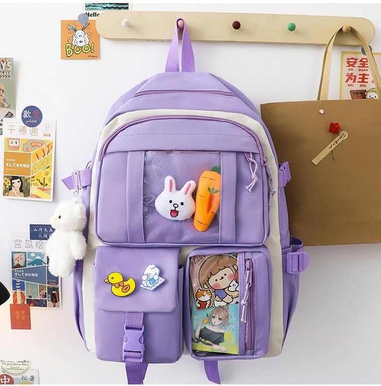 Miniatura 6 de Mochila Kawaii con colgantes y alfileres Kawaii, juego de 5 piezas para adolescentes y niñas, mochila escolar linda mochila estética, B1, Tamaño