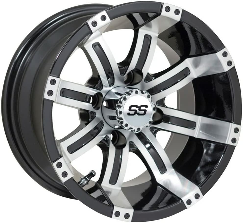 GTW 12 Inch Golf Cart Wheels and Tires Combo | Machined/Black Tempest Wheels on 215/50-R12 (20.5") Fusion S/R Steel Belted Radial Street Tires | Set of 4 (Machined/Black)