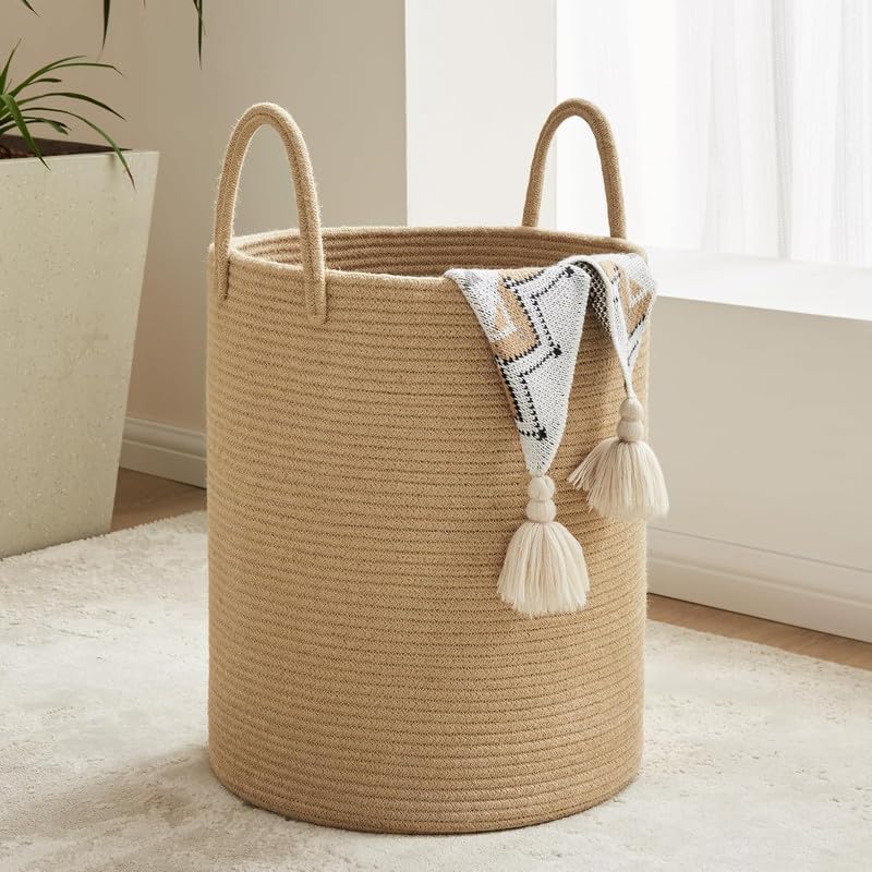 Image of Storage Cotton Rope Basket and Laundry Hamper for Dirty Clothes, Towels, Blankets, Pillows Storage in Living Room, Laundry Room and Bedroom (Beige, 14x16 Inch)