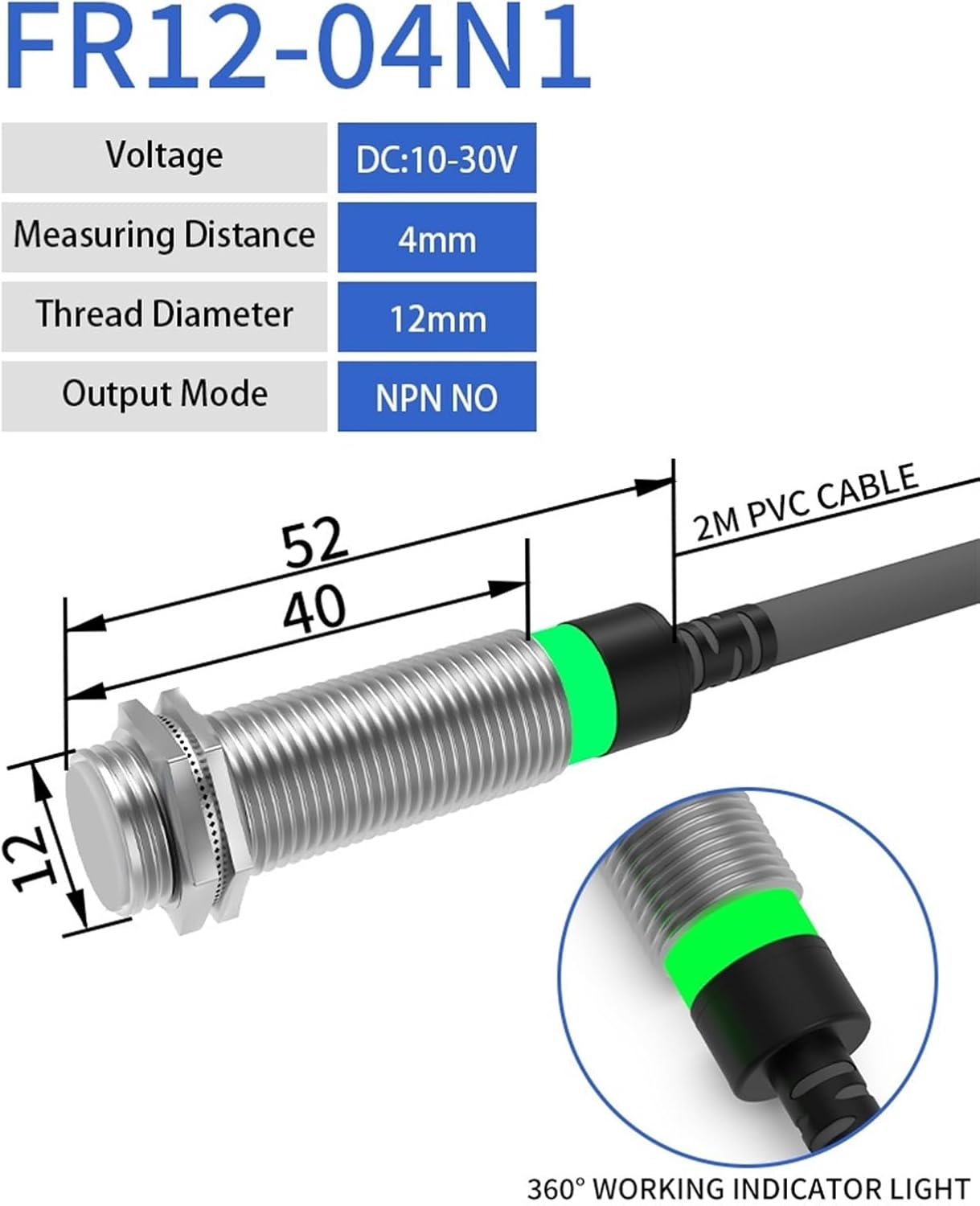 Long Distance Inductive Sensor Metal Proximity Switch M12 NPN PNP NO NC 10-30V DC Flush Non-Flush Sensing Range 4mm 8mm (Color : 4MM DC 3-Wire NPN NO)