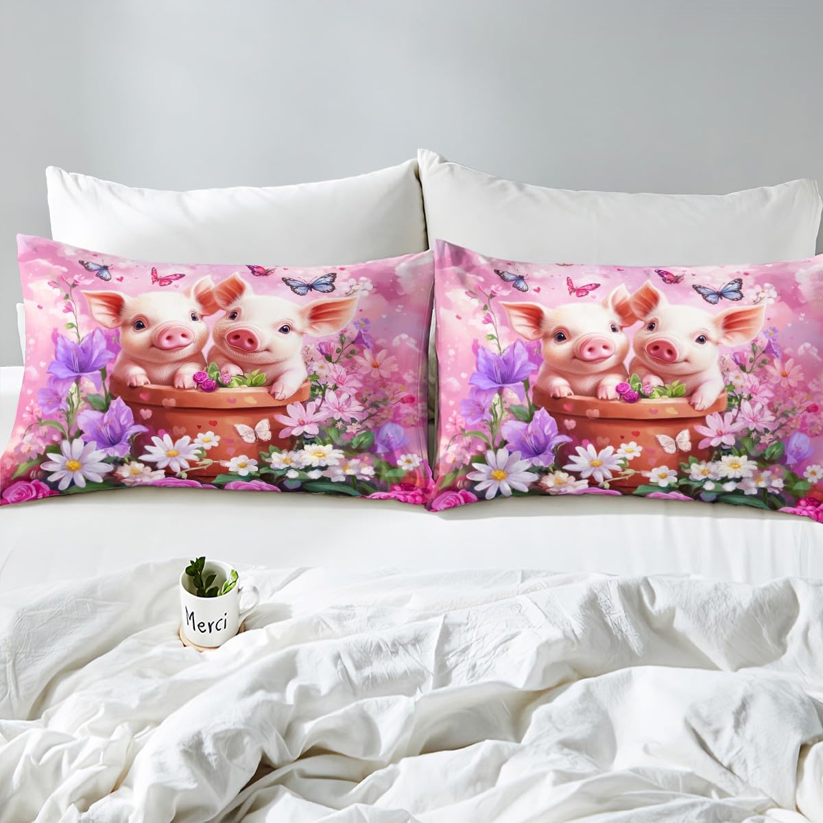 Niedliches Pärchen-Schweine-Bettbezug-Set, volle Größe, Rosen, Gänseblümchen, Valentinstag, romantisches Bettwäsche-Set, Mädchen und Frauen, Raumdekoration, Cartoon-Tier, rustikaler Bettbezug, rosa