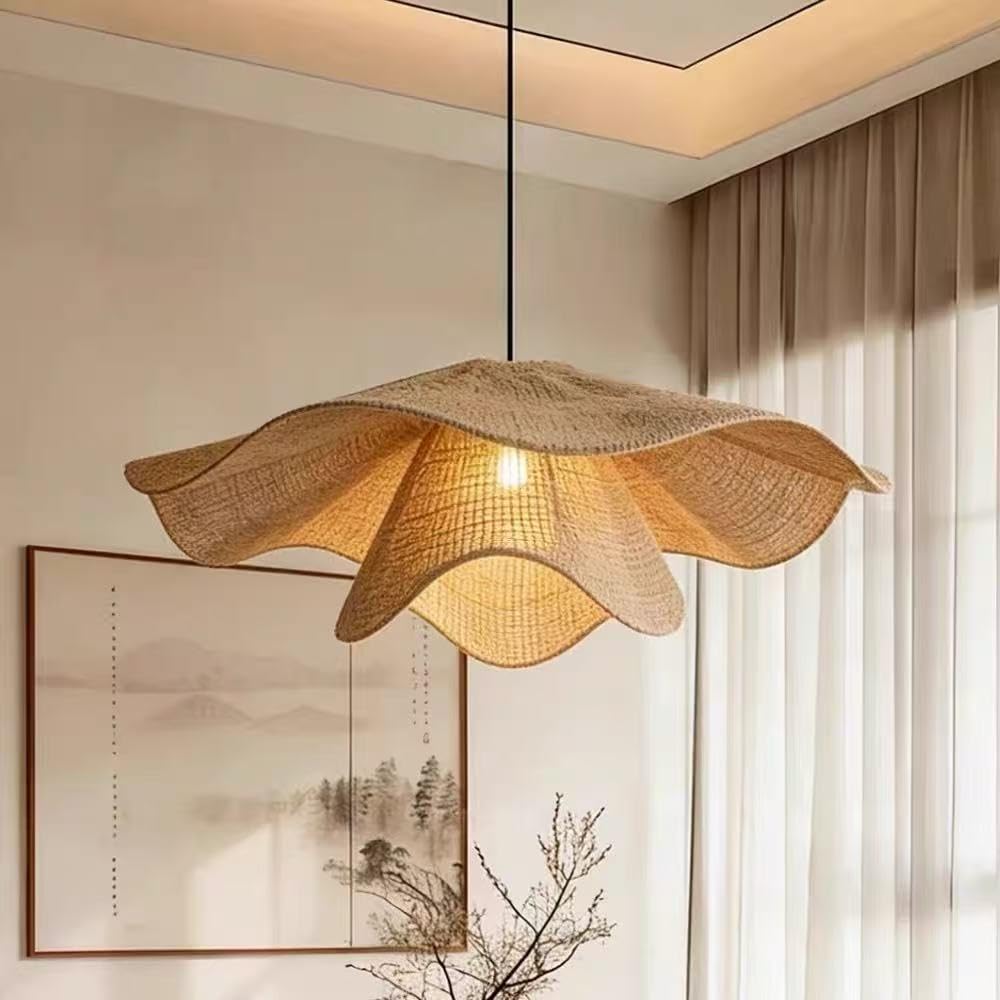 XQIDIANAA 23.6" Rattan Pendant Light Fixture,1-Light Hand-Woven Beige Wicker Chandelier 1-Pack Boho Rattan Hanging Lamp,for Dining Living Bedroom Kitchen