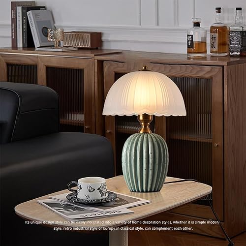 Miniatura 9 de Vintage Table Lamp, Green Ceramic Chinoiserie Lamp 14.6" Frosted White Wave-Edge Lampshade Traditional Mushroom Light Retro for Bedside Nightstand