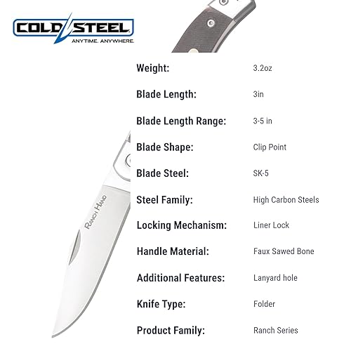 Miniatura 7 de Cold Steel Ranch Hand - Hoja de acero SK5 de 3 pulgadas, tamaño único, hueso aserrado sintético