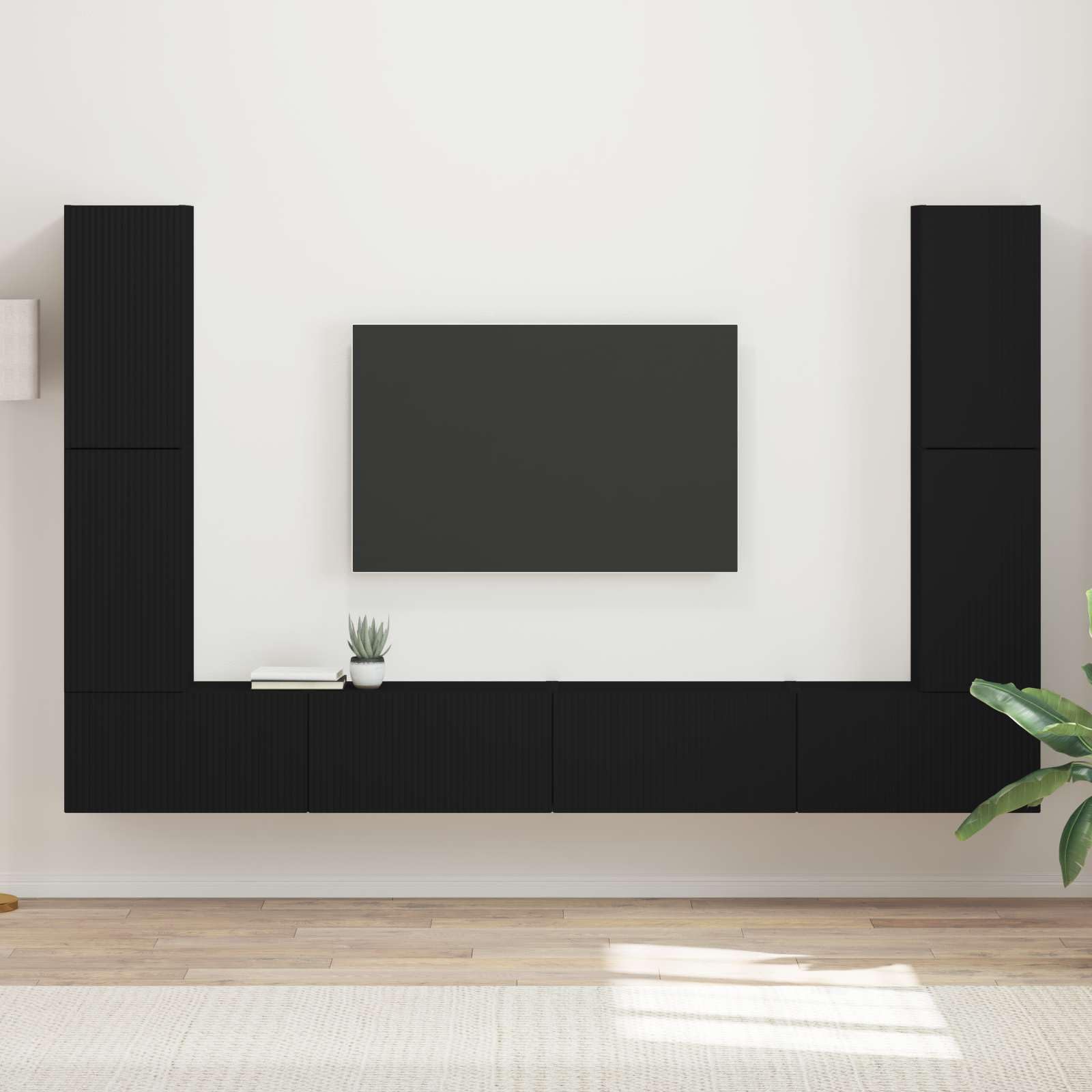 Zestaw 4 czarnych drewnianych szafek pod telewizor, nowoczesne meble do salonu, do przechowywania multimediów, uniwersalna konsola TV do sypialni, centrum rozrywki