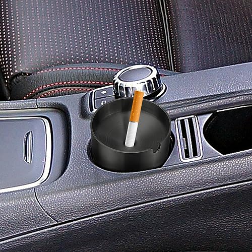 Image of Car Ashtray with Lid Smell Proof Stainless Steel Portable Ash Tray for Car Cup Holder Detachable Windproof Extinguished Cigarette Bucket for Outdoor Home Office (Black 2Pack)