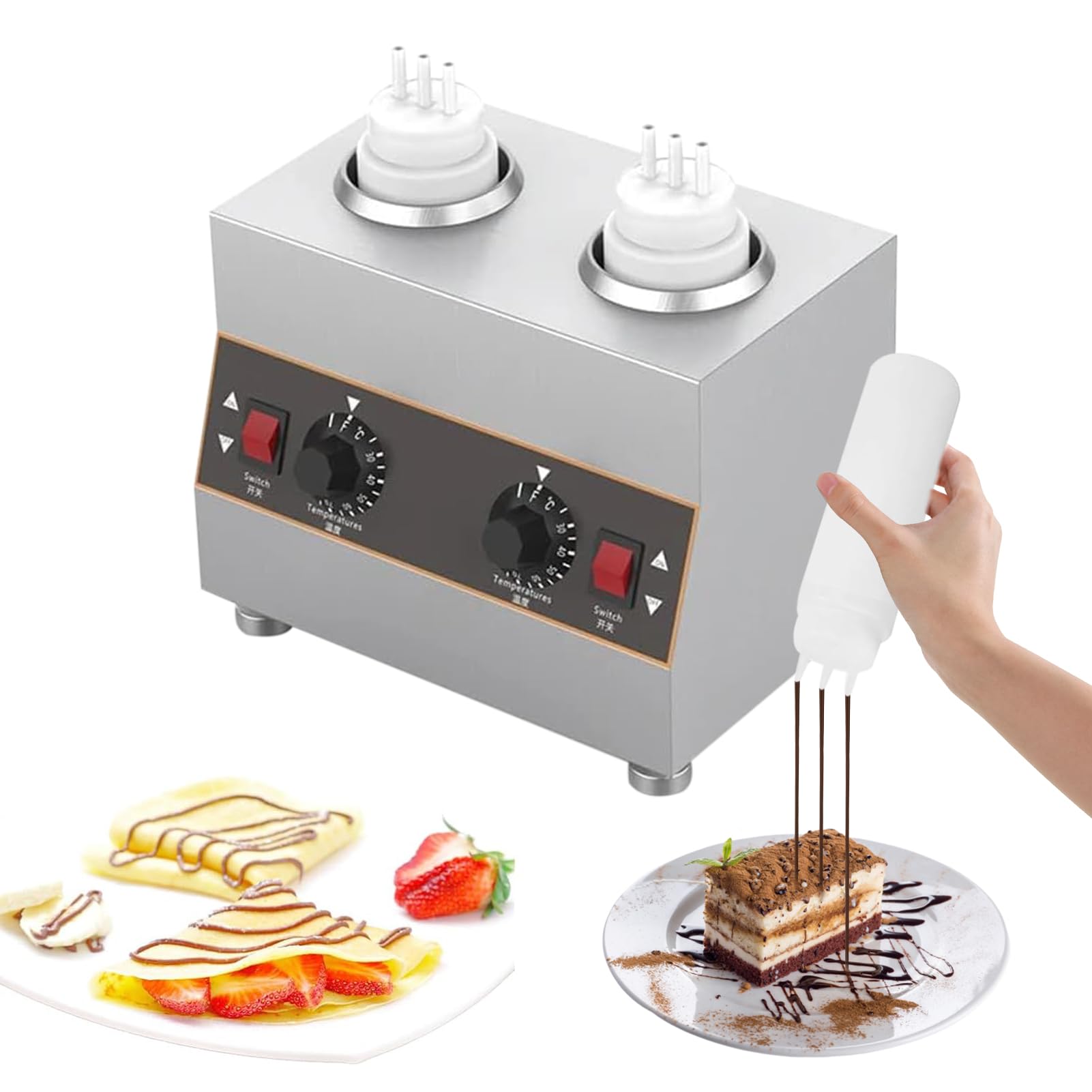 Chauffe-sauce électrique commercial avec 2 bouteilles à presser de 650 ml, distributeur de sauce électrique commercial, à température contrôlée, pour réchauffer le chocolat, le beurre et la confiture