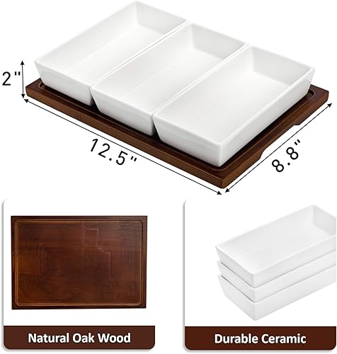 Miniatura 2 de Elsjoy Bandeja de servir de 3 secciones, plato de madera dividido con cuencos de cerámica, bandeja de inmersión de 3 compartimentos para aperitivos,