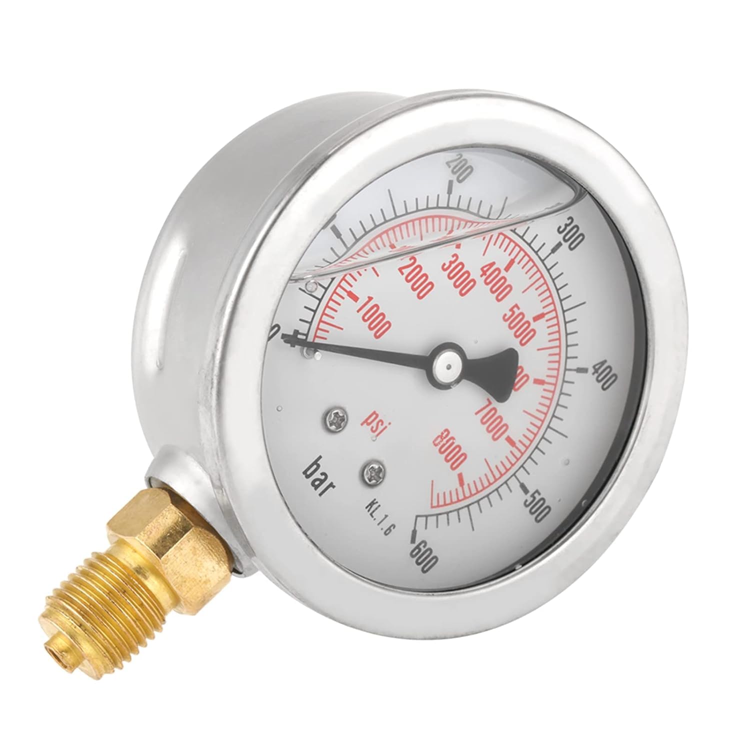 Manometro per pressione dell'acqua, manometro per prova di pressione dell'acqua con filettatura G1/4", manometro a liquido da 0-8500 PSI, manometro idraulico con montaggio inferiore, quadrante da 63