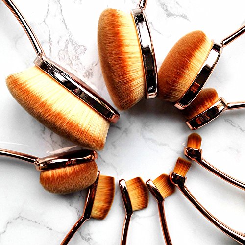 BeautyKate 10Pcs Oval Makeup Brushes Set Soft Professional Toothbrush Face Foundation Contouring Blending Eyeshadow Eyeliner Concealer Blush Cosmetic Brush Tool Kit Rose Gold Black