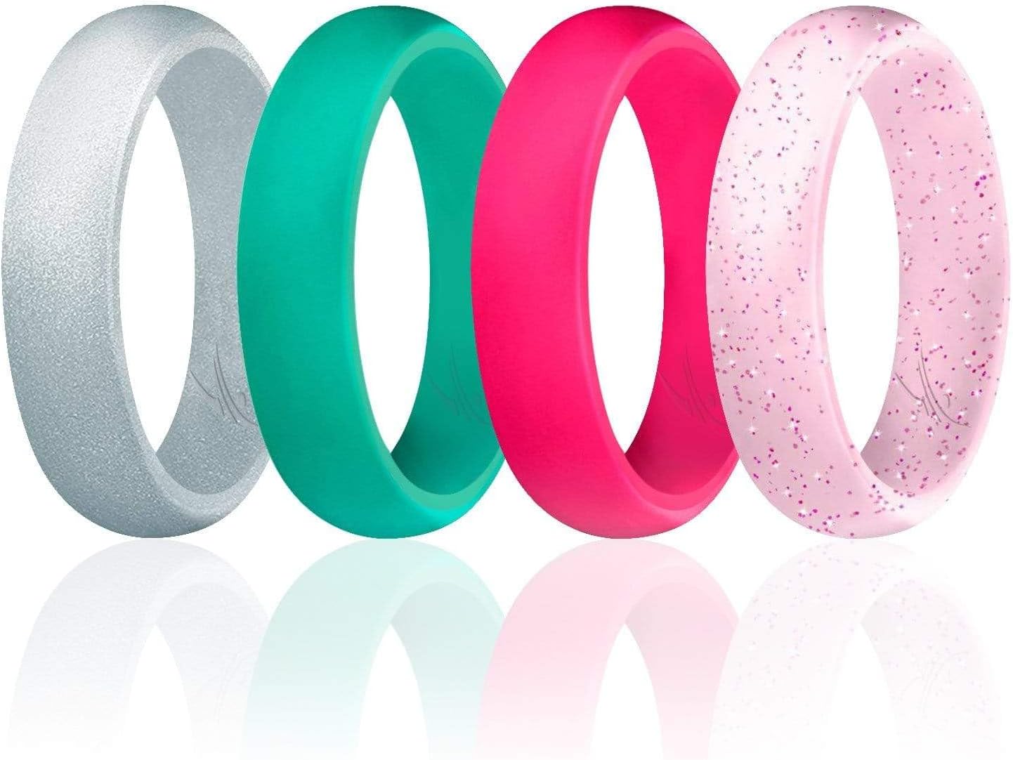 ROQ Silicone Rubber Wedding Ring for Women, Dome Solid Glitter & Metallic, Breathable Silicone Wedding Band, Anniversary Rings, Promise Ring, Multi Packs, Multi Colors Teal, Pink, Silver 11