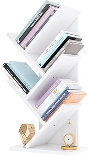 YMYNY 4 Tier Tree Bookshelf, Small Bookcase, Modern Wood Book Storage Rack, Freestanding Book Shelf for Books/Movies/CDs, Narrow Display Rack for Living Room, Home Office, White UHBC014W