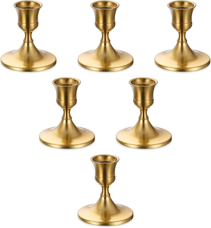 Gold Candlestick Candle Holders for Taper, 6 PCS Romadedi Gold Brass Color Candle Stick Candle Holder for Table Centerpiece, Wedding Reception, Festive Christmas Mantel Decoration or Home Decor