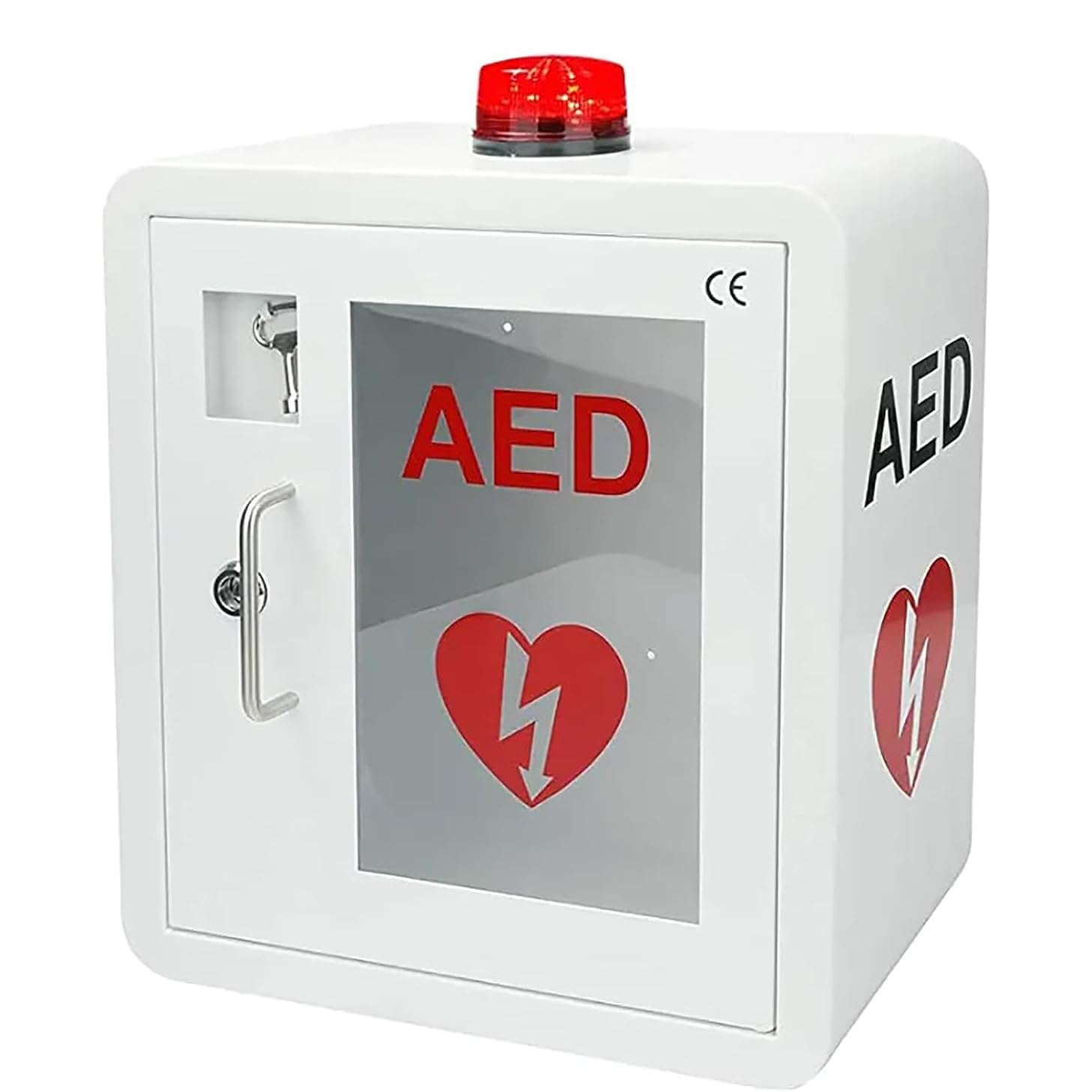 AED-Schrank, Wandmontierter Aufbewahrungsschrank für Erste-Hilfe-AED-Defibrillatoren mit Schlüssel und Alarm, Design mit abgerundeten Ecken, für Zuhause, Krankenhaus