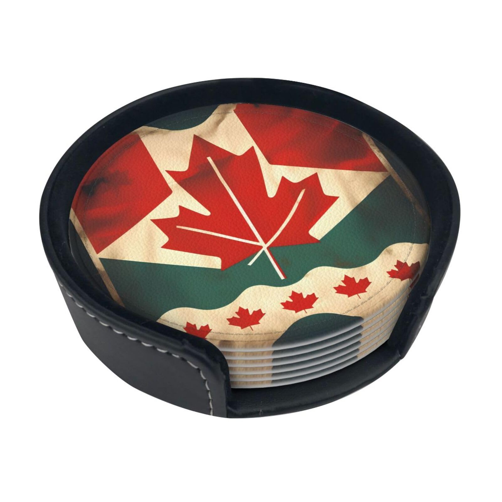 Retro Canada Flag Print Round Coasters Set Of 6,Coaster For Tabletop Protection Home Bar Decor