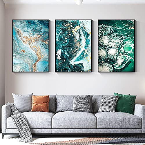 Peinture murale abstraite océan bleu vert lot de 3 toiles 70x100cm