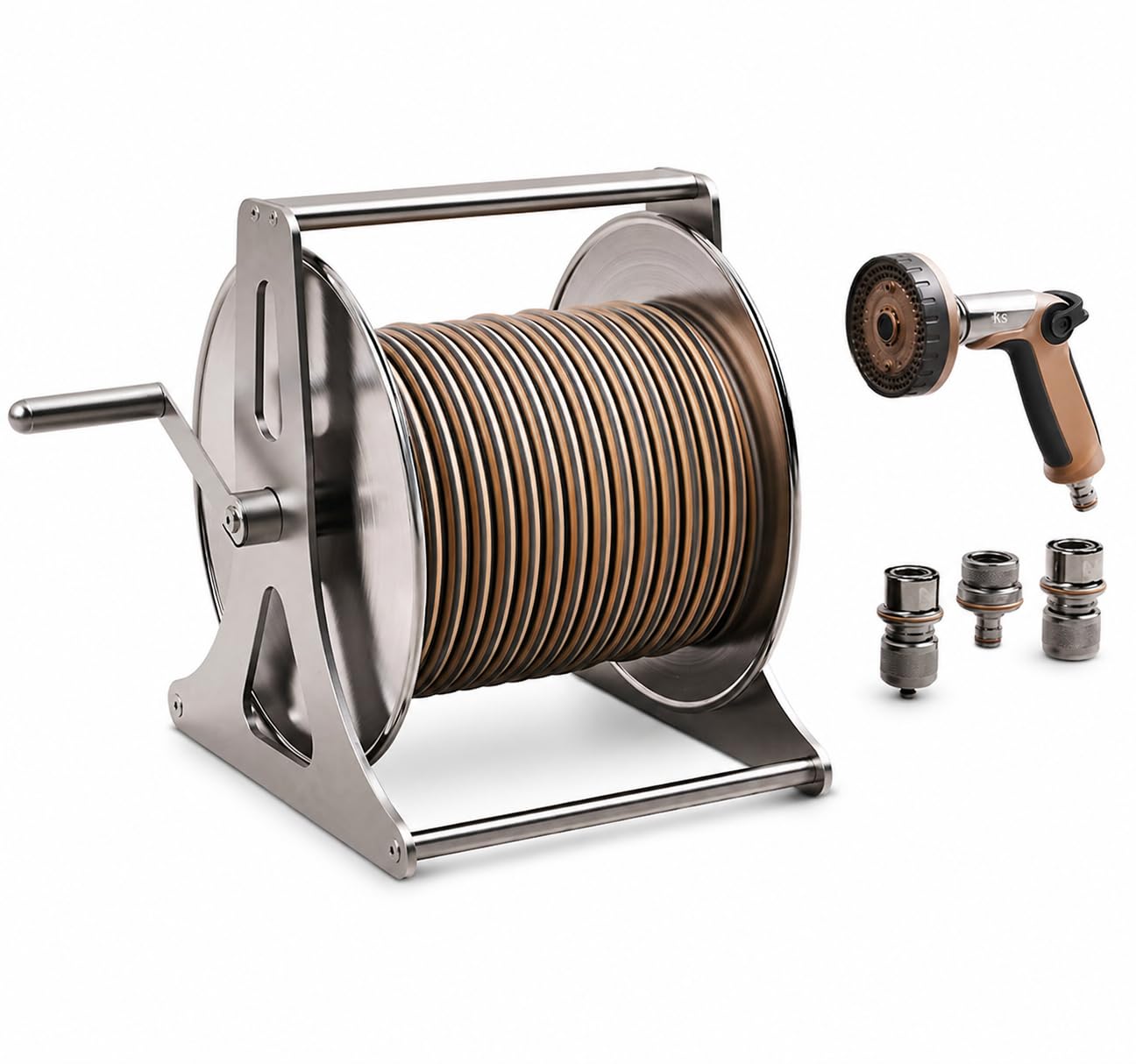 Kent & Stowe Metal Hose Reel Set 30m – Stainless Steel Reel, Aluminium Frame, Wall Mounted or Freestanding, Includes Spray Gun & Metal Connectors