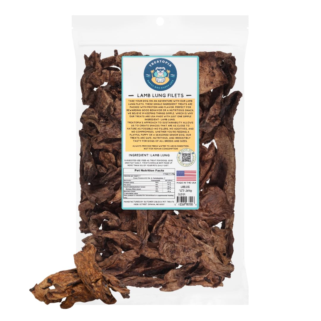 TREATOPIA Lamb Lung Filet Dog Treats, 1 LB Bag - All-Natural, Sustainable, Healthy, High Protein, Hand-Trimmed, Slow-Roasted, Made in The USA,