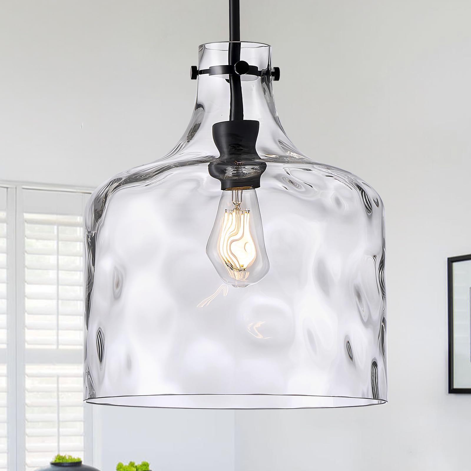 12" Black Farmhouse Pendant Light, Clear Hammered Glass, E26 Hanging Light