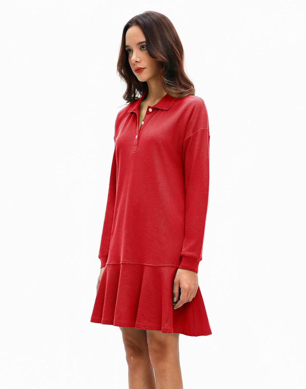 Women's Polo Dress Long Sleeve Collared V-Neck Ruffle Hem Mini Dresses for 2026 Spring - Image 5