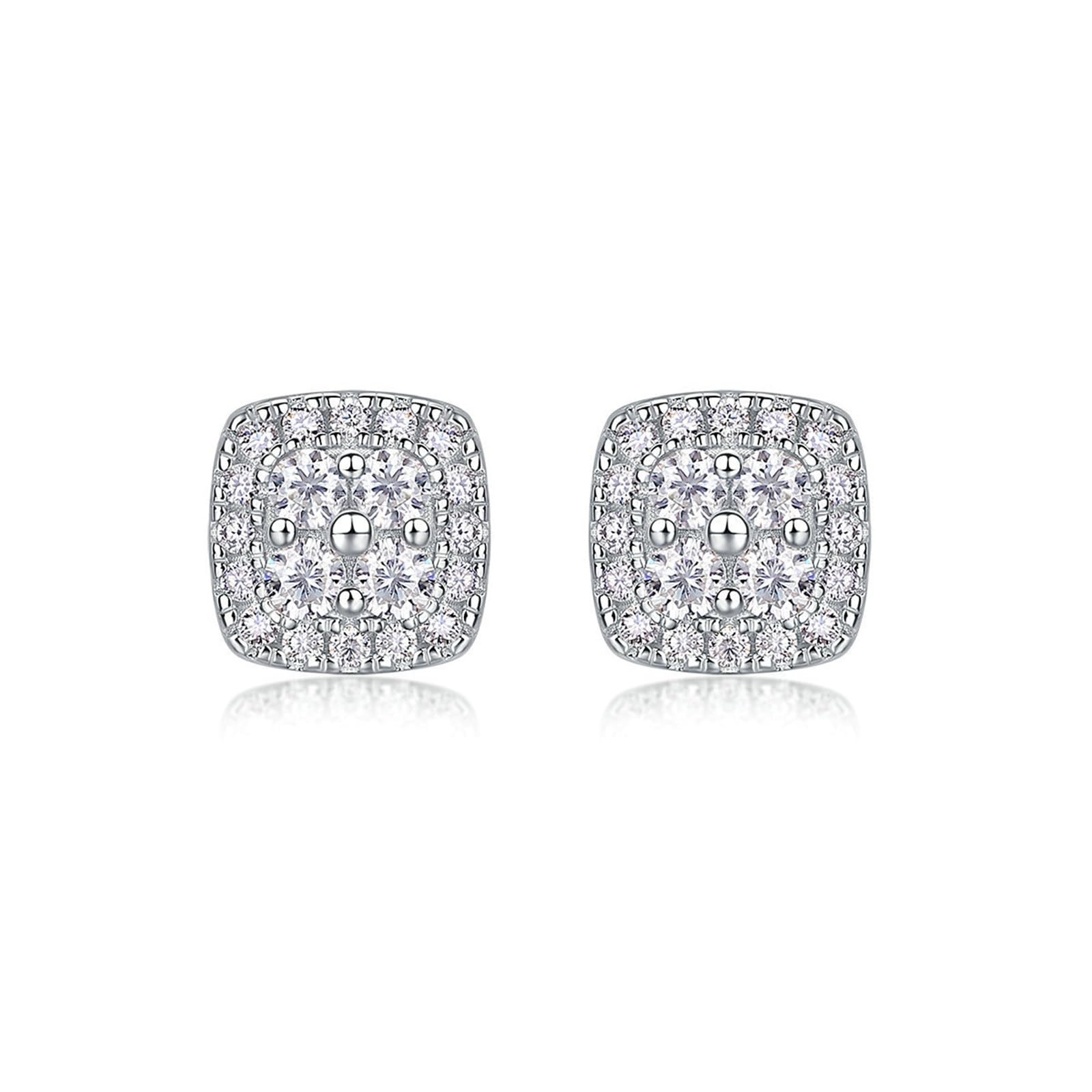 Orecchini a Lobo Donna 14K 585 Oro Bianco, Orecchino Lobo Donna Ipoallergenico Classici Design Quadrato con Moissanite Rotondi Orecchini a Bottone per Sposa Matrimonio