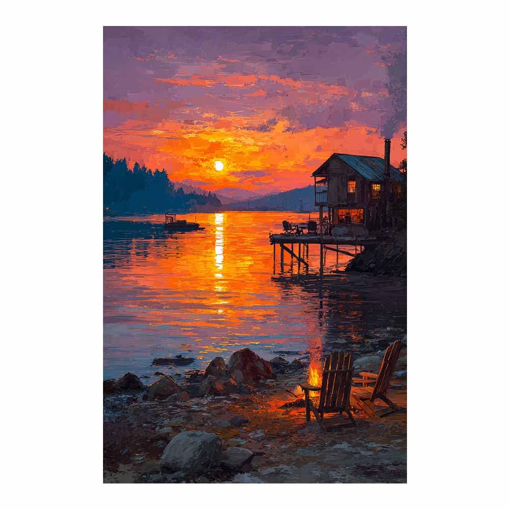 HOQIU Canvas Wall Art Lake Sunset Cabin canvas art, art print, house decor, bedroom wall decor above bed, prints for living room.(Multicolor)-60x80cm Unframed