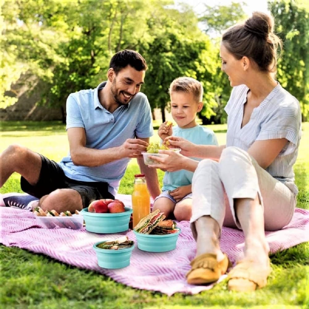 Set Of 4 Collapsible Silicone Food Storage Container, Leftover Meal Box For Kitchen, Bento Lunch Boxes, BPA Free, Microwave, Dishwasher And Freezer Safe. Foldable Design Saves Your Space