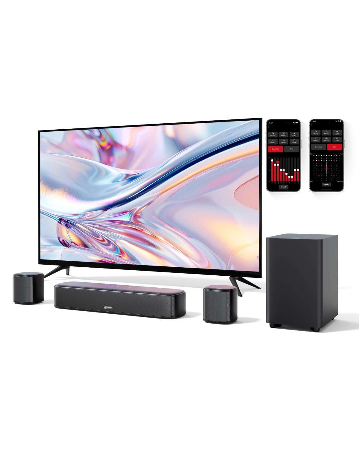 ULTIMEA 5.1ch Sound Bar for Smart TV, Virtual Surround Sound System for TV, App Control, Home Theater Sound System, TV Soundbar with Subwoofer, 2 Surround Speakers, Peak Power 250W, Opt/AUX, Aura A30