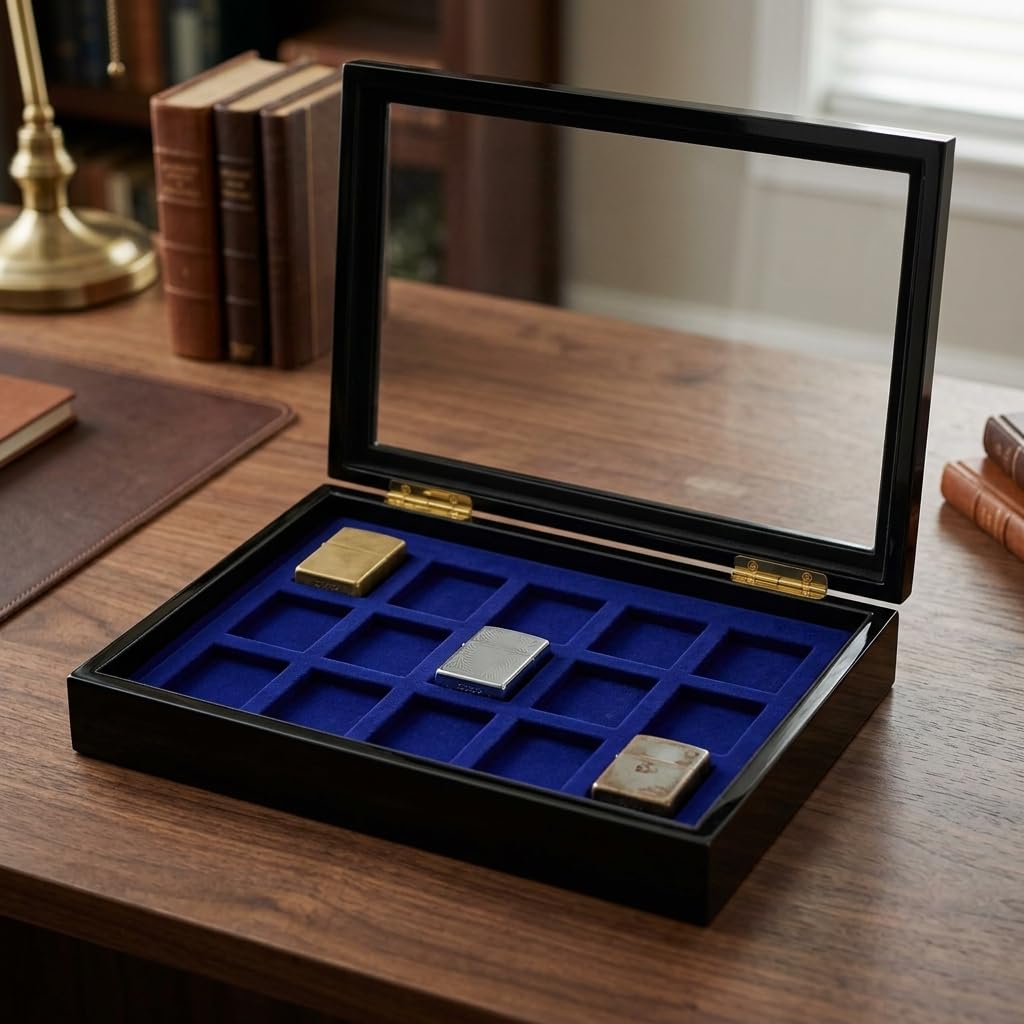 Safe 5901 Estuche de colección para 15 Compartimentos de encendedores ZIPPO | Inserto de Terciopelo Azul | Estuche con Cierre magnético Invisible | Dimensiones : 375 x 330 x 26 mm