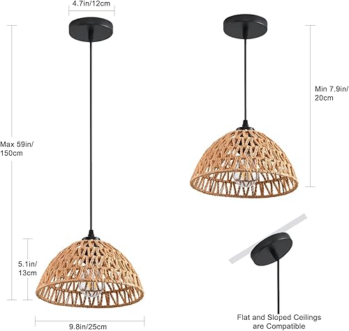 Miniatura 7 de 3 Pack Woven Pendant Light Fixtures,10.2" Brown Rattan Pendant Lights Farmhouse Basket Light Fixture Adjustable Boho Hanging Lamp for Kitchen Island